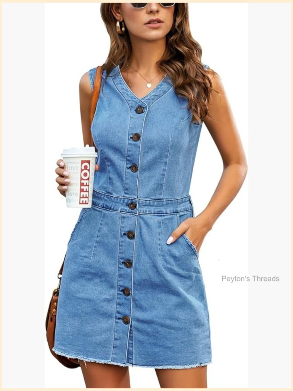 Sleeveless V Neck Button Down Frayed Hem Short Denim Dress - Picture 1 of 7